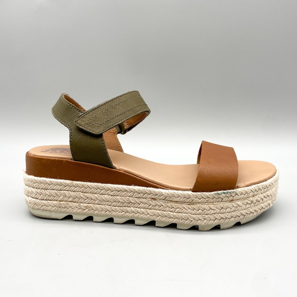 Sorel Womens 8.5 Cameron Flatform Espadrille Sandals Tan Sage Boho CoastalChic